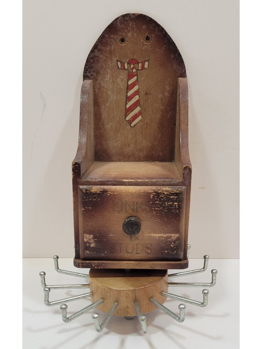 Vintage 8 1/2" Wooden Tie and Cufflink Spinning Organizer w/ Drawer Enesco Japan